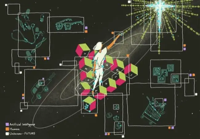 Auto-generated description: A futuristic scene depicts a human interacting with artificial intelligence, featuring colorful cubes, digital elements, and abstract symbols.