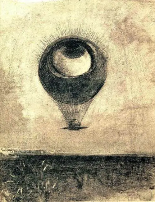 This image depicts an artwork featuring an eye-shaped hot air balloon floating above a flat horizon. The balloon's envelope is the iris and pupil, complete with detailed lines to represent the eye's texture, and the basket hangs directly below, appearing as the eye's reflection. The sky is hazy and indistinct, giving the impression of a sketch or etching with soft, undefined clouds. Below is a dark landscape, likely a field, with the suggestion of grass or crops. The piece has an eerie quality, combining elements of the everyday with the surreal, drawing a direct visual parallel between the act of observation and the concept of flight.