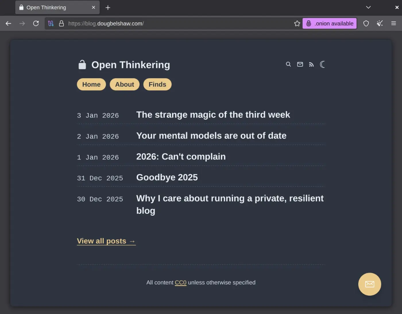 Open Thinkering in the Tor Browser with ".onion available" showing in the address bar