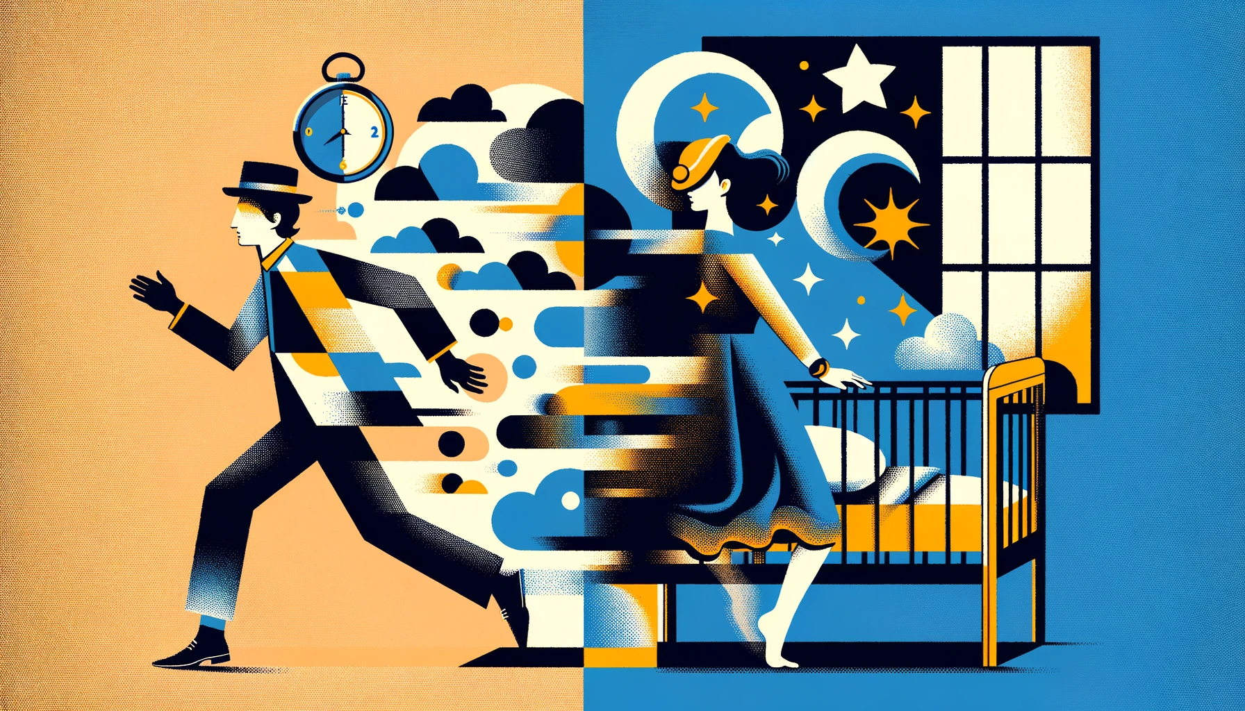 The image is a stylized, split-screen illustration. On the left, a man in a dark blue and goldenrod outfit strides forward against a peach background, his lower half merging with newspaper clippings that swirl around him, suggesting a busy connection to current events. Abstract cloud-like shapes in blue and white speckles float in the background. He wears a hat and a watch, indicating his awareness of time and schedule. On the right, a woman leans gently towards a crib in a room bathed in blue. She wears a dark blue dress and a yellow sleep mask pushed above her forehead. The crib has a mobile adorned with stars and crescent moons, evoking a peaceful night sky, which is mirrored in the window's panes transitioning from white to blue.