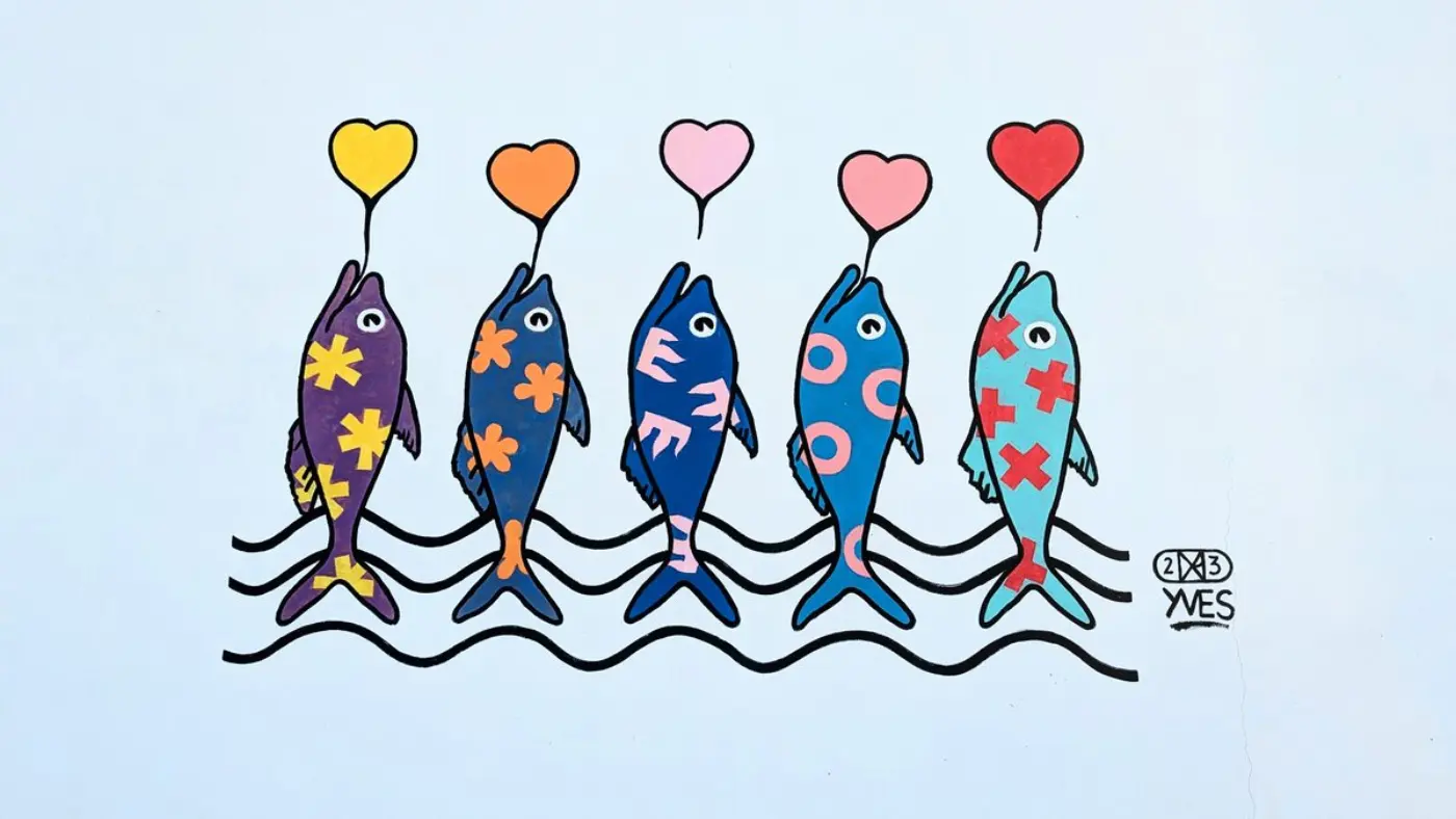 A series of five colourful graffiti fish painted vertically as if they have been caught. Instead of a line there are hearts coming from their mouths.