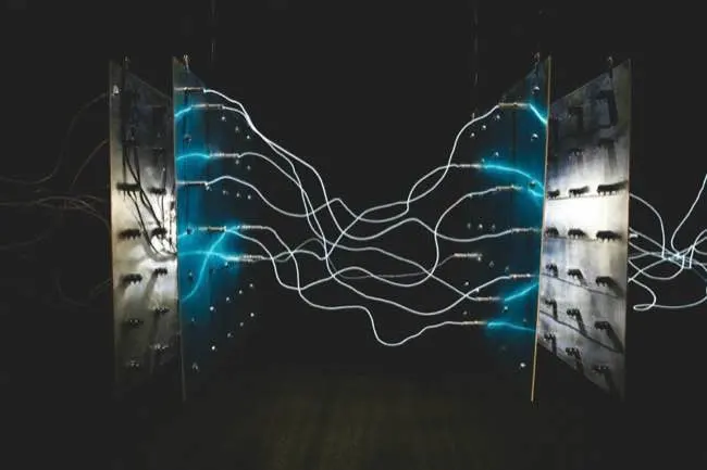 Auto-generated description: Two vertical panels connected by glowing, intertwined wires or cables in a dark setting.