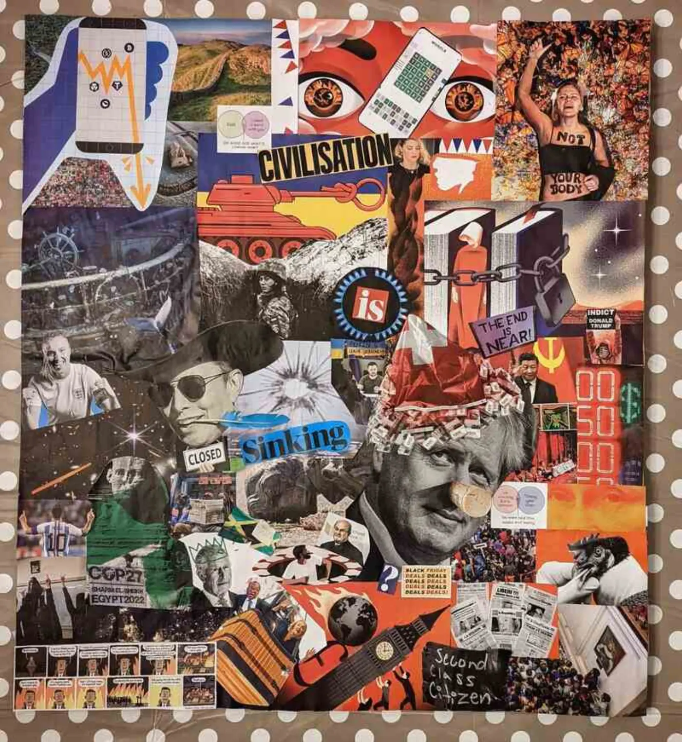 Collage made up of images taken from issues of The Guardian Weekly in 2022. The text says "Civilization is Sinking".