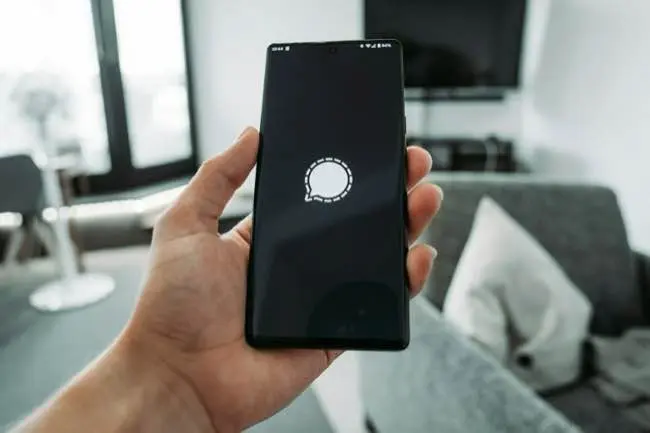 Auto-generated description: A person is holding a smartphone displaying the Signal app logo, in a modern living room.