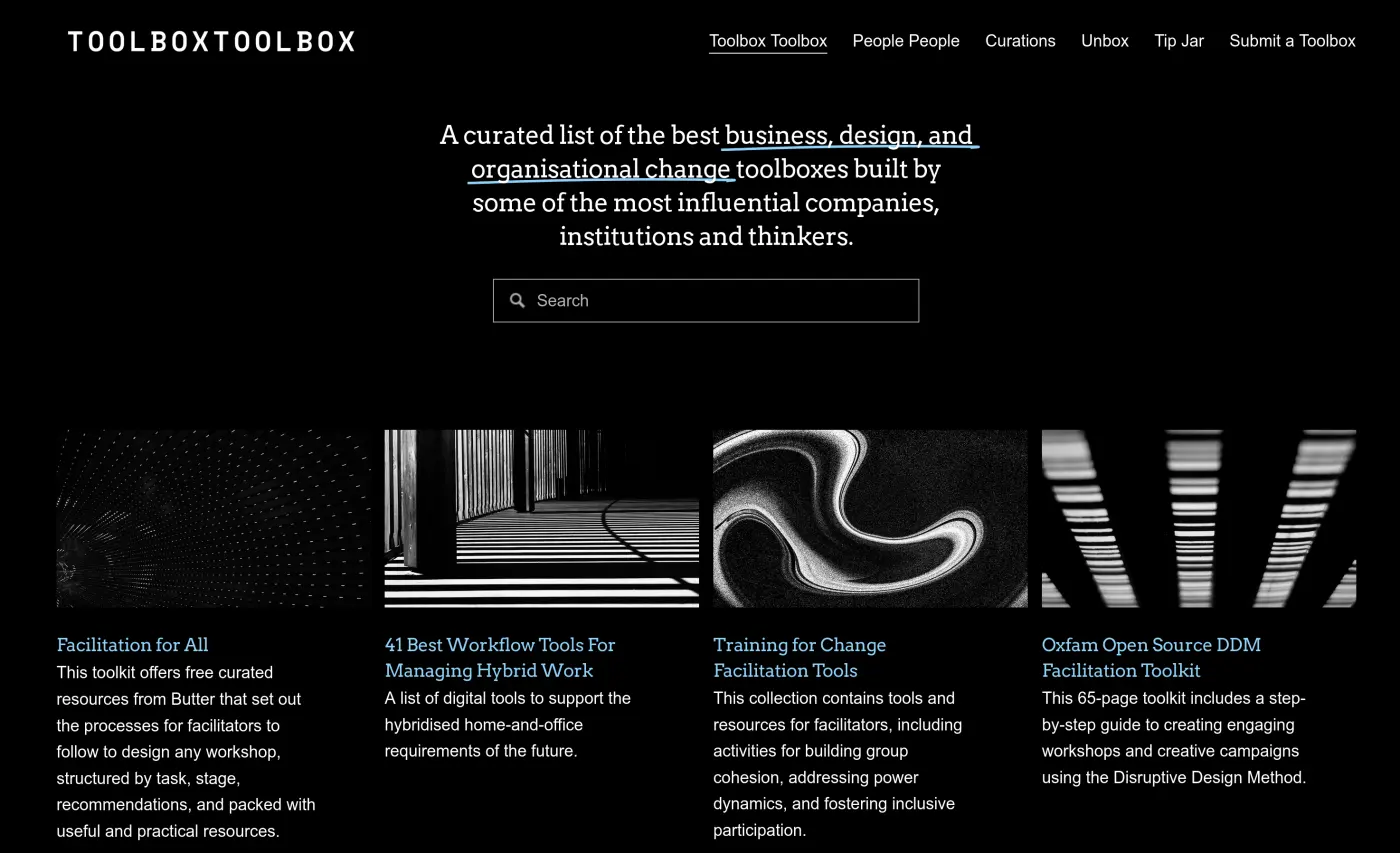 Auto-generated description: A website screenshot showcases a curated list of toolboxes for business, design, and organizational change, featuring various resources and tools.