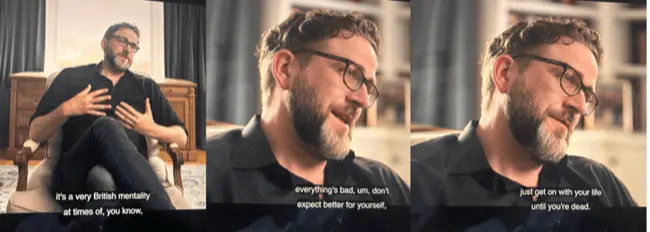 Humphrey Ker in Welcome to Wrexham, S2:E5 (A series of three photographs of a white man wearing glasses; he has short curly hair and a beard and is saying, 'It's a very British mentality at times of: everything's bad, don't expect better for yourself, just get on with it until you're dead')