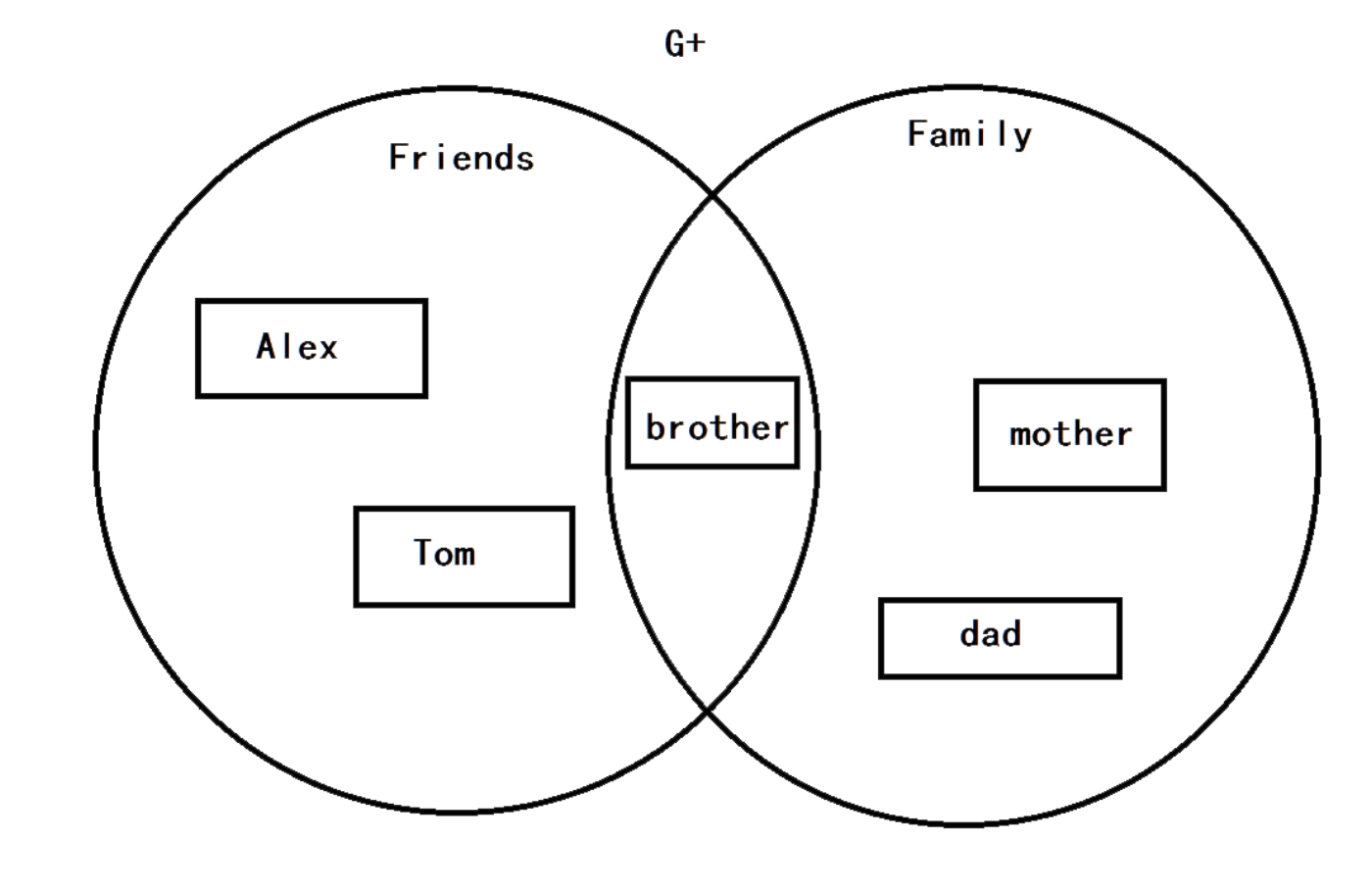 Venn diagram showing 'Friends' and 'Family' with 'brother' in the overlap