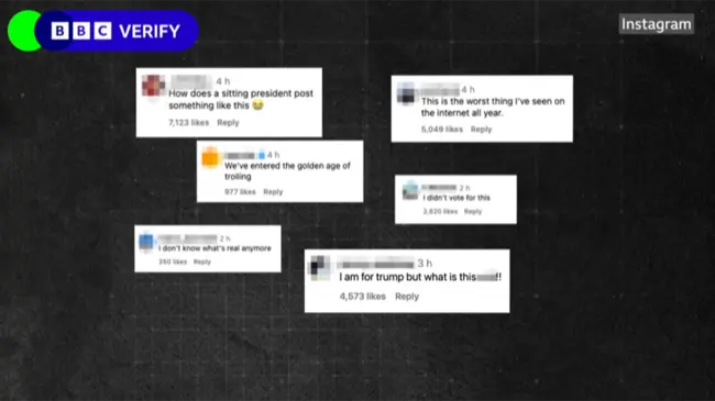 Screencap from BBC Verify video showing posts from Instagram users