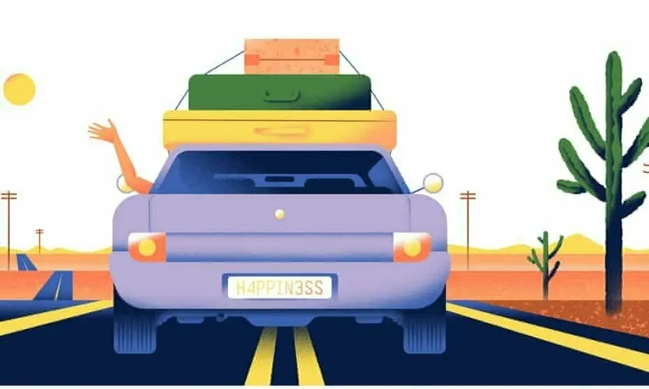 Car with suitcases strapped to roof and arm out of the window waving goodbye