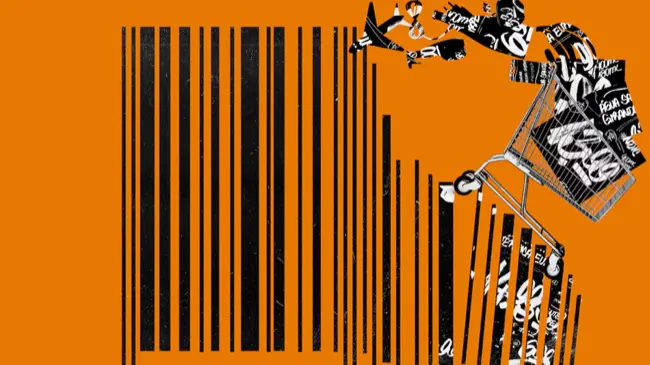 Auto-generated description: A shopping cart filled with items is depicted as part of a barcode on an orange background.
