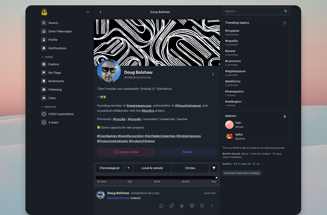 Auto-generated description: A desktop view of a social media platform shows a user's profile with a dark-themed interface, featuring a profile picture, user information, and a list of trending topics.