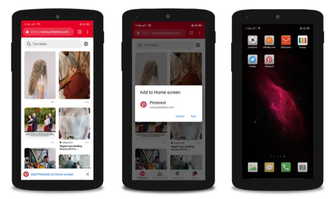Screenshots showing Pinterest PWA being installed on a smartphone.