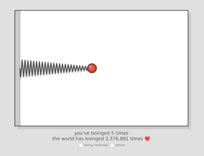 Auto-generated description: A red ball attached to a spring is shown mid-motion with text below indicating the number of times it has boinged.