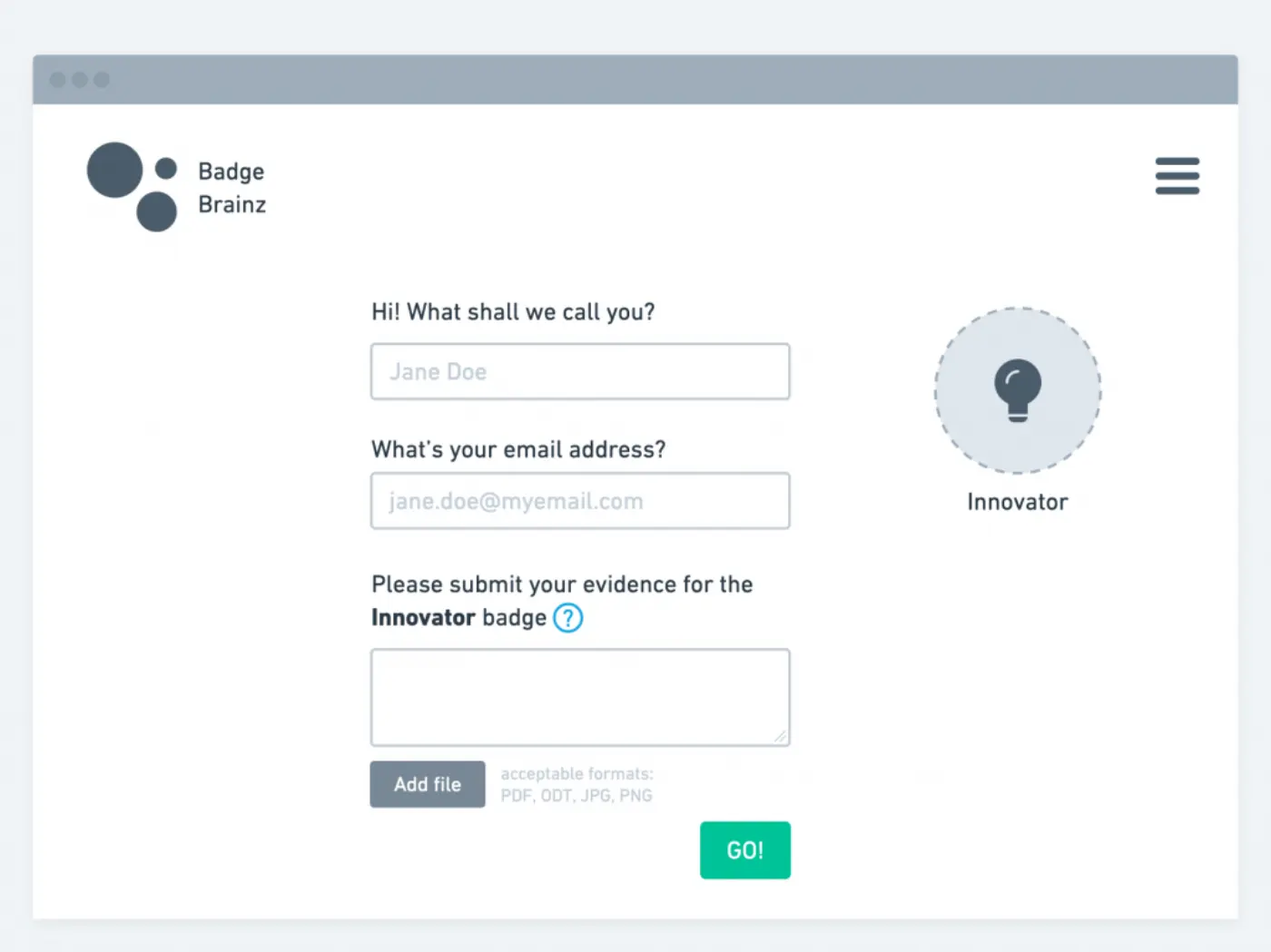 A form asking for the applicants name, email address and evidence in support of their submission for the 'Innovator' badge