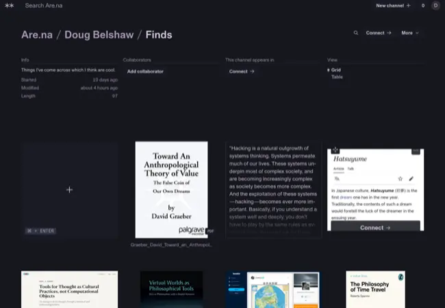 Auto-generated description: A digital interface displays a collection of books and texts, including titles on anthropology, hacking, and philosophy, with a dark-themed layout.