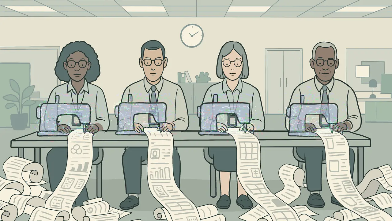 This image illustrates digital transformation gone wrong, where AI becomes a tool for intensified extraction. Workers operate sewing machines endlessly producing streams of spreadsheets and reports. Instead of liberating labour, AI automation can lock workers into more exhausting cycles of output, without increasing agency or rewards.