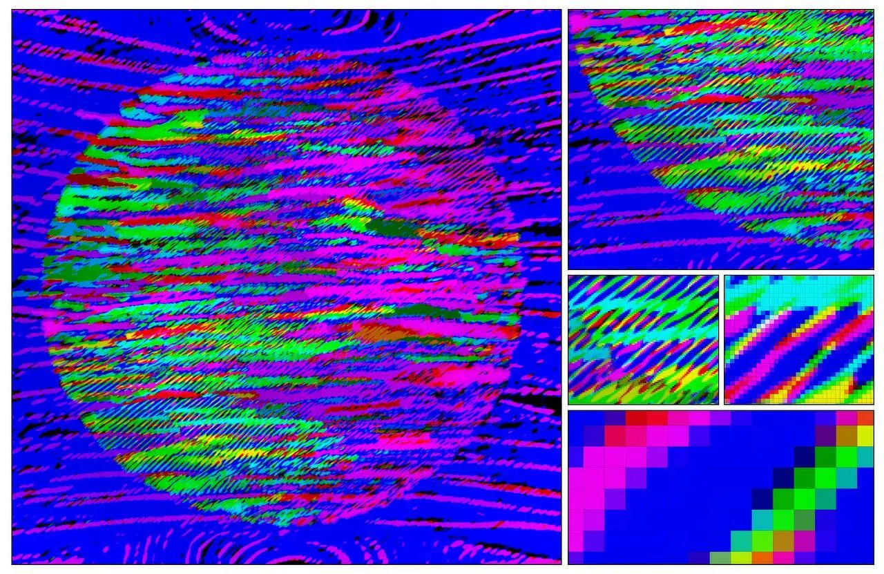 This features a distorted college of 5 images. The left image has a circle with a blue background and bright, neon grains throughout. The other 4 images feature various degrees of zoom of the circular image. The image has lots of patterns and bright colours. 