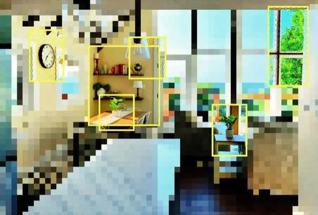This image shows a pixelated room, it looks like a typical bedroom or office. Most of it is heavily pixelated, but a shelf, table and plant, windows and clock can be recognised. These are all outlined in yellow boxes.