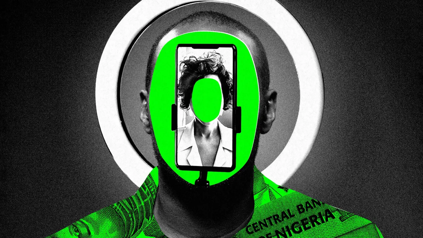 Montage of phone in front of someone's face and ring light in background