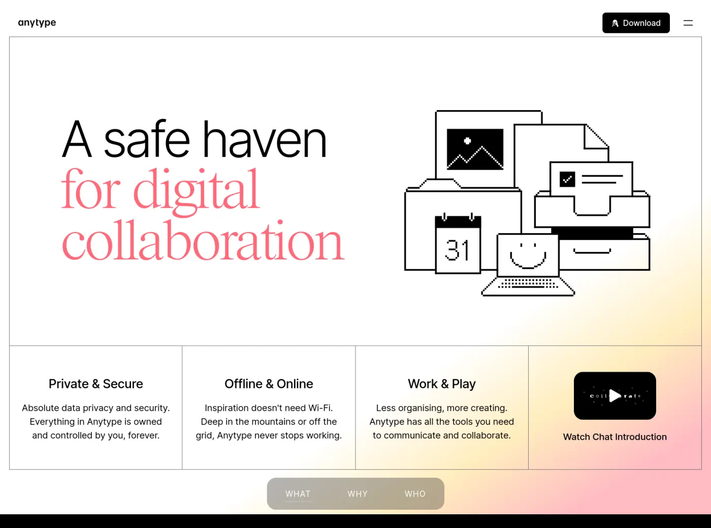 Auto-generated description: A webpage promoting Anytype as a secure platform for digital collaboration, featuring illustrations of folders and documents alongside highlighted features like privacy and offline access.