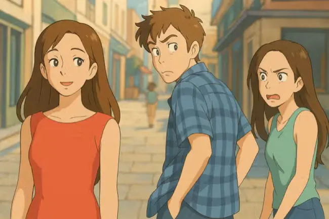 Distracted boyfriend meme in Ghibli style