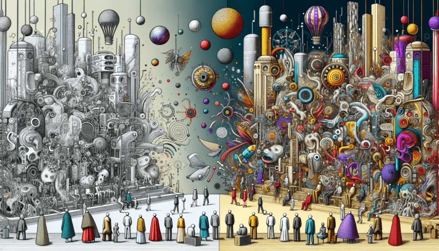 Abstract and imaginative illustration showcasing a dramatic contrast between technological advancement and societal challenges. On one side, a surreal, technologically advanced cityscape with whimsical structures and futuristic elements is depicted. On the other side, diverse individuals are portrayed with exaggerated expressions and unique, fantastical clothing, set against a backdrop of abstract forms and symbols. 