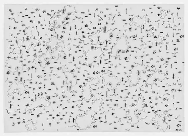 Auto-generated description: A complex pattern of abstract, black symbols and shapes is scattered across a white background.