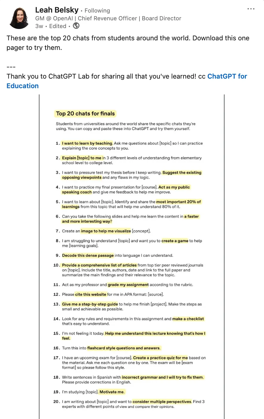 Auto-generated description: A LinkedIn post from Leah Belsky shares a list of Top 20 chats for finals that students use for study assistance, highlighting diverse ways to leverage ChatGPT for academic purposes.