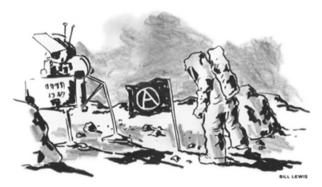 Astronaut on the moon with an Anarchist flag planted