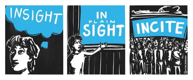 Auto-generated description: A comic strip shows a progression from INSIGHT in a thought bubble, to IN PLAIN SIGHT as a person points something out, and finally to INCITE with a crowd reacting.