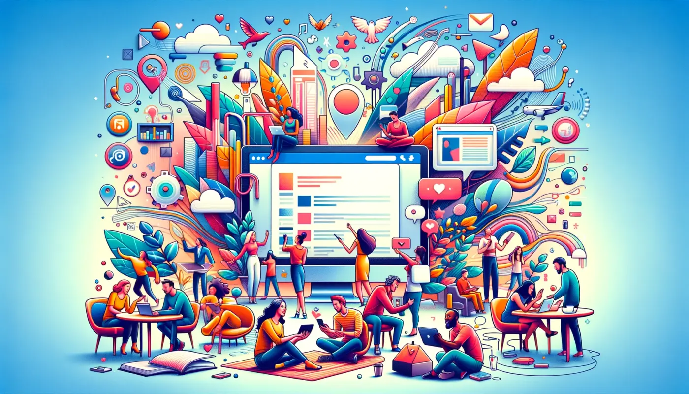 A DALL-E 3 created illustration of a modern digital landscape inspired by the community-centric essence of LiveJournal. Portrayed is a vibrant, contemporary online environment where diverse users seem joyfully engaged in writing, reading, and interacting on sleek devices. The scene should emanate a sense of warmth, camaraderie, and enjoyment, with users appearing comfortable and happy. 