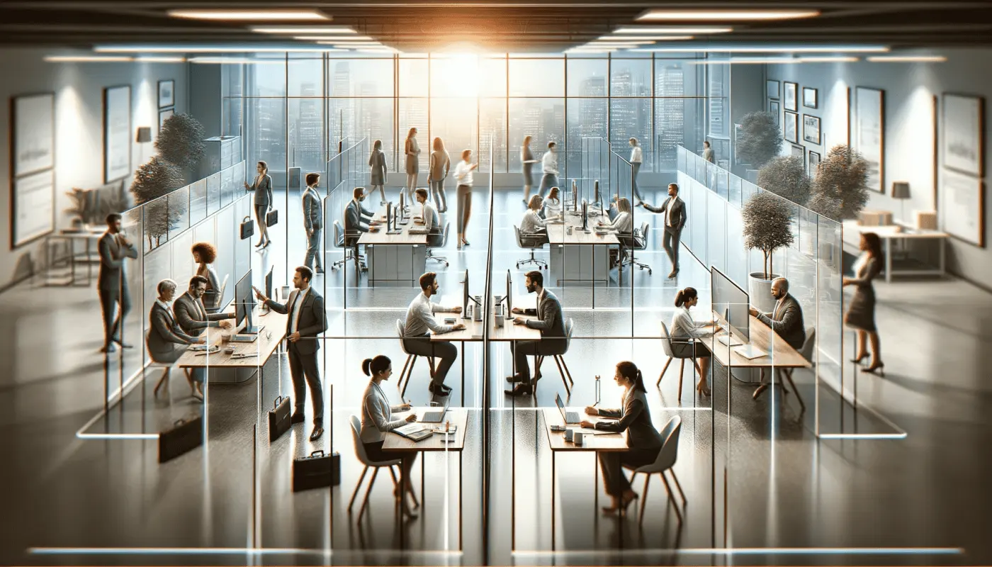 Image created by DALL-E 3 with the prompt: "An image illustrating the concept of maintaining clear boundaries at work. The scene shows a professional office environment where individuals of diverse backgrounds interact with respect and professionalism. A distinct physical separation, like a glass wall or a clear line on the floor, symbolizes the clear boundaries between personal and professional lives. The environment conveys a sense of order, efficiency, and a healthy work-life balance, emphasizing the importance of keeping these aspects distinct."