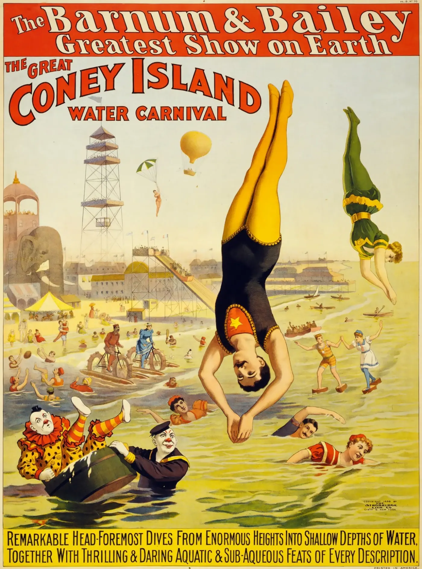 Auto-generated description: A vintage poster for the Barnum & Bailey Greatest Show on Earth features performers diving into water at the Great Coney Island Water Carnival.