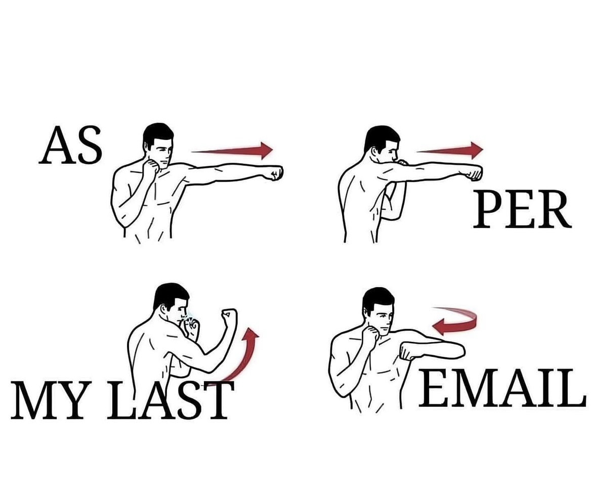 The words 'As per my last email' around diagrams of a man performing a series of boxing moves