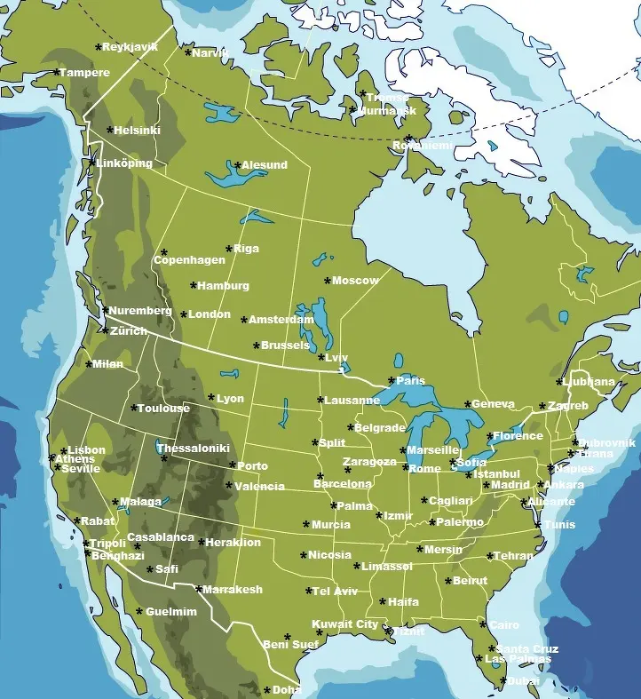 Auto-generated description: A map visually equates North American cities with European, Asian, and Middle Eastern ones based on latitude.