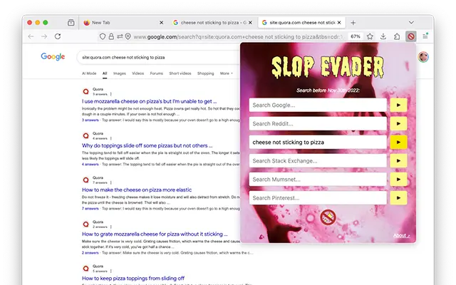 Auto-generated description: A web browser displays a Google search about cheese not sticking to pizza, alongside a tool called Slop Evader with search options.