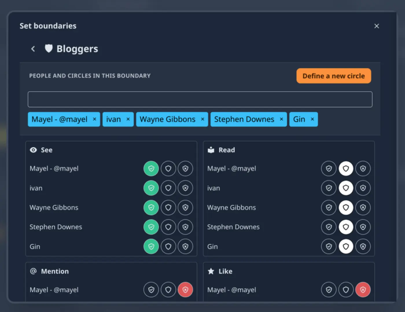 Screenshot of circle with defined permissions