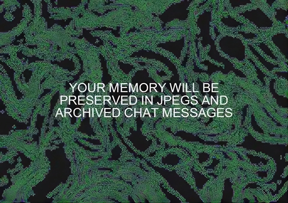 Auto-generated description: Text overlaid on an abstract background reads, YOUR MEMORY WILL BE PRESERVED IN JPEGS AND ARCHIVED CHAT MESSAGES.