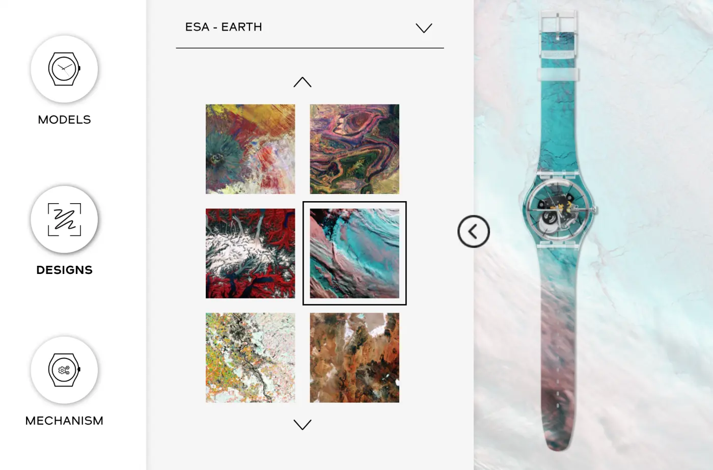 Auto-generated description: A watch with a swirling, colorful abstract pattern on its face is displayed alongside various nature-inspired design options and selection menus.
