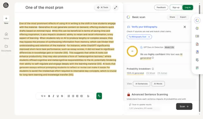 Screenshot of GPTzero saying '100% AI generated' and 'We are highly confident this text was AI generated