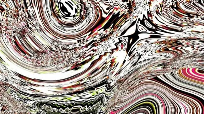Auto-generated description: A swirling, abstract pattern of black, white, red, and other colors creates a dynamic and chaotic visual effect.