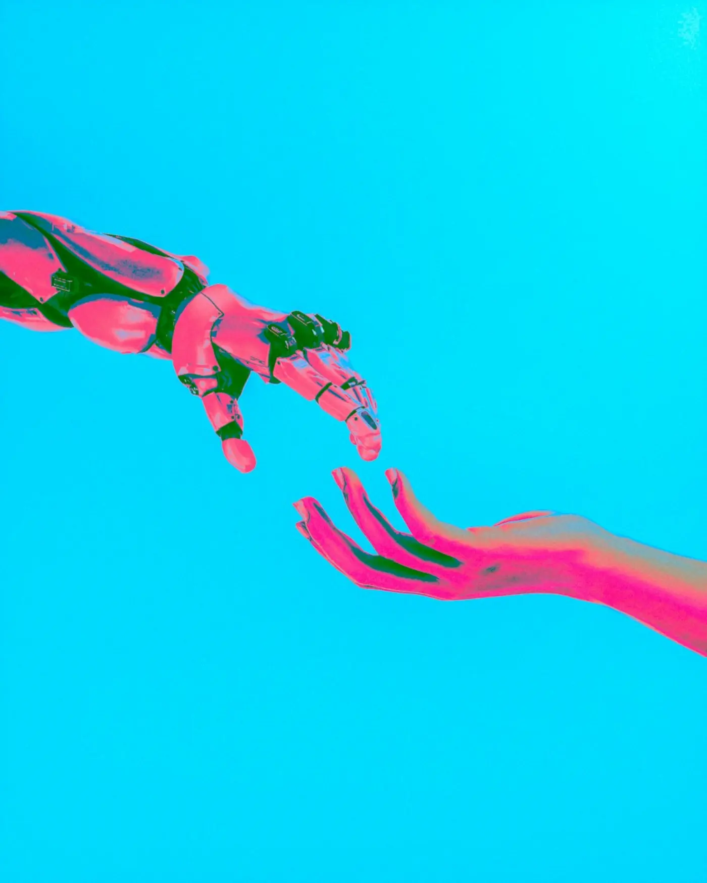 A brightly coloured, light blue and pink rendering of Michelangelo's famous 'hands touching' featuring robot and human hands