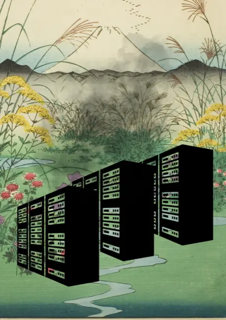 This image is a collage with a colourful Japanese vintage landscape showing a mountain, hills, flowers and other plants and a small stream. There are 3 large black data servers placed in the bottom half of the image, with a cloud of black smoke emitting from them, partly obscuring the scenery.