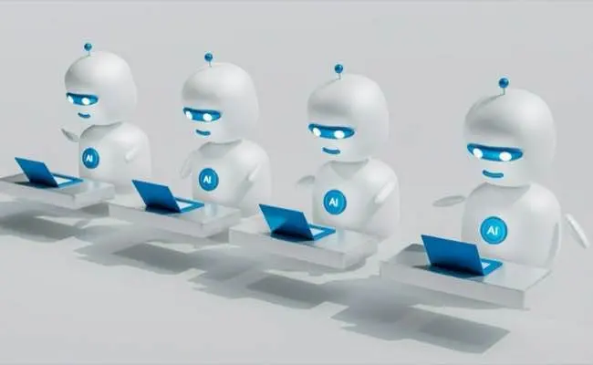 Auto-generated description: Four cartoon robots are working at laptops with AI on their chests.
