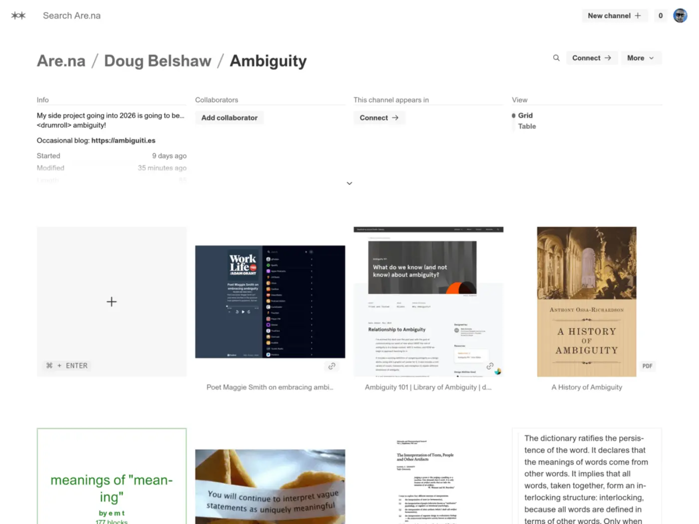 Screenshot of my 'Ambiguity' channel at Are.na