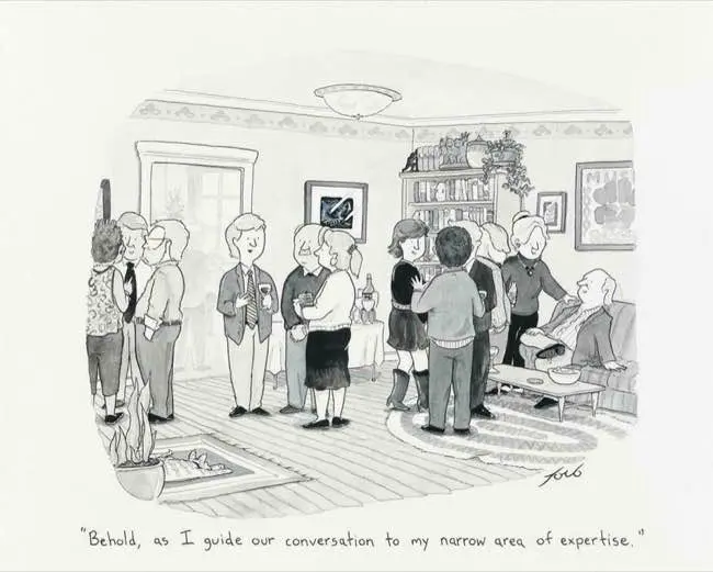 Auto-generated description: A group of people at a social gathering are mingling and conversing, with one person humorously noting their tendency to steer discussions toward their own expertise.