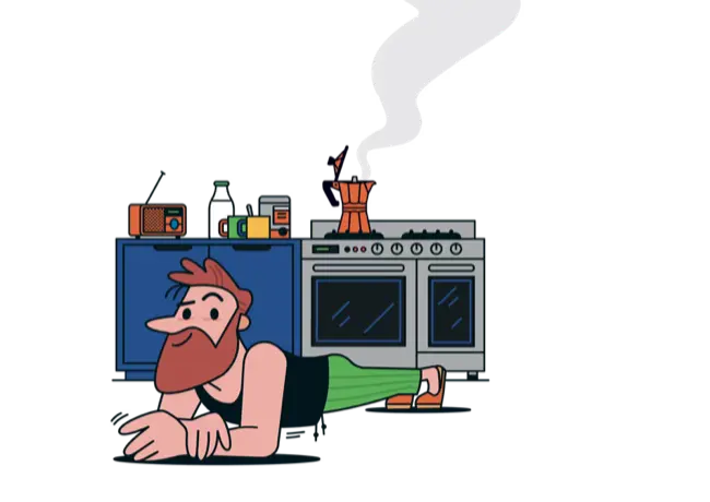 Illustration of a man doing a 'plank' while the coffee is brewing