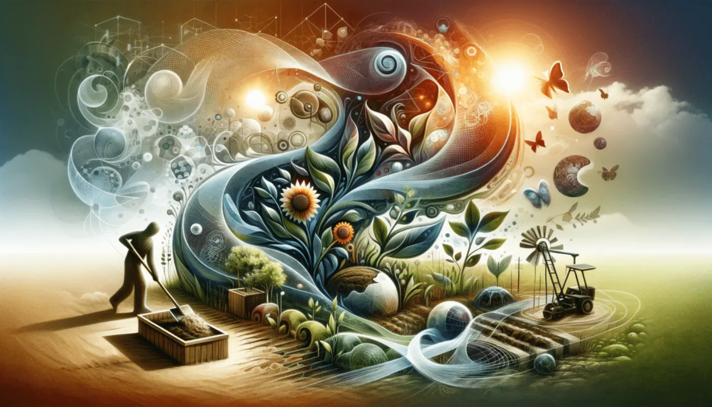 DALL-E 3 created abstract image that visually represents the concept of method and methodology, particularly in the context of gardening. This image aims to illustrate the blend of practical gardening actions (method) with the underlying philosophical approaches (methodology), capturing the essence of both tangible actions and intangible, conceptual thinking.
