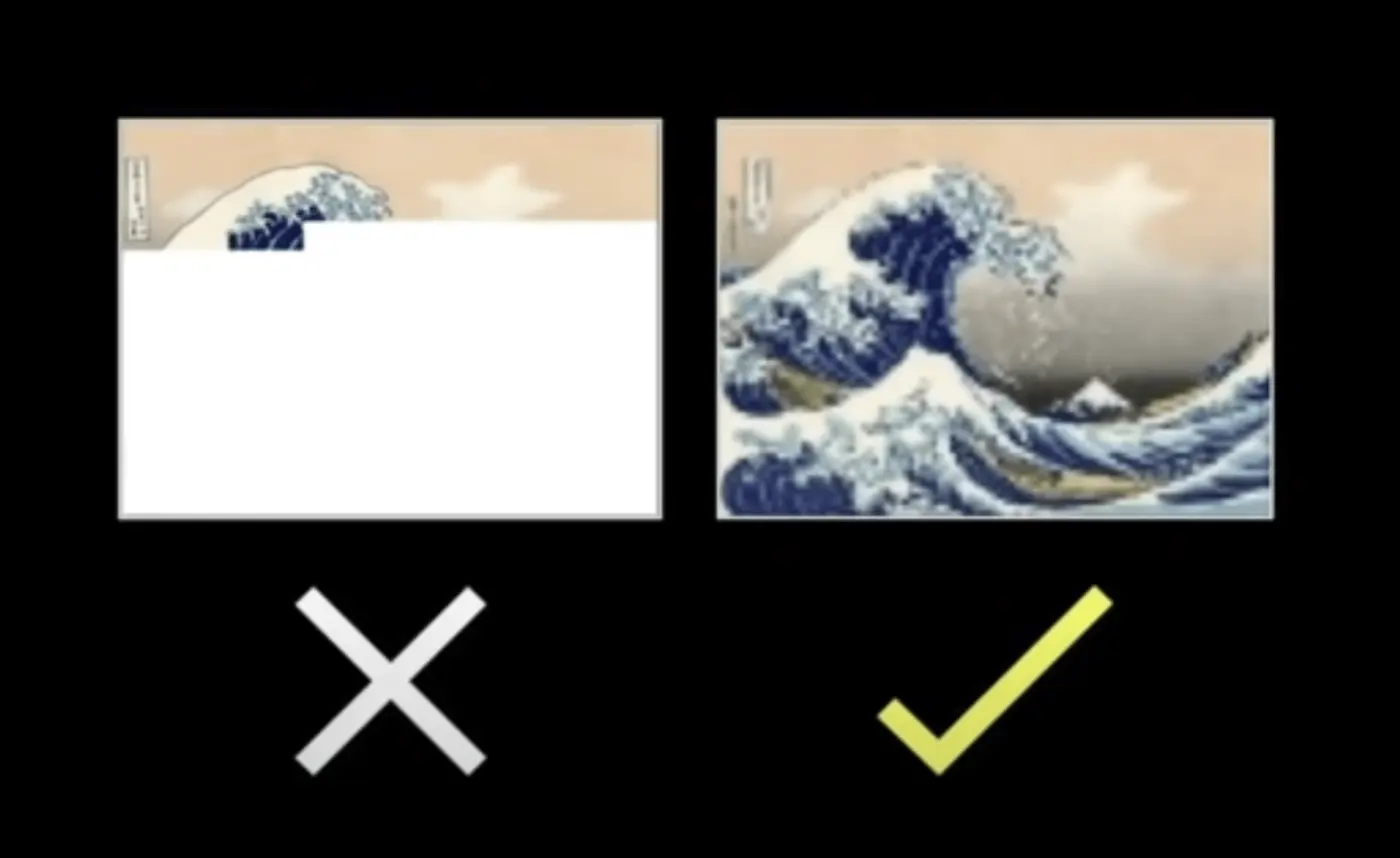 Slide showing two images of Hokusai's famous 'Great Wave' print. In the first, which is accompanied by a cross indicating it is incorrect, only the top of the wave can be seen. The rest has not been loaded.

In the second, the image has a check mark ('tick') next to it showing that it is correct. It is blurry, as it is loading 'progressively' - i.e. adding more detail as the image loads.