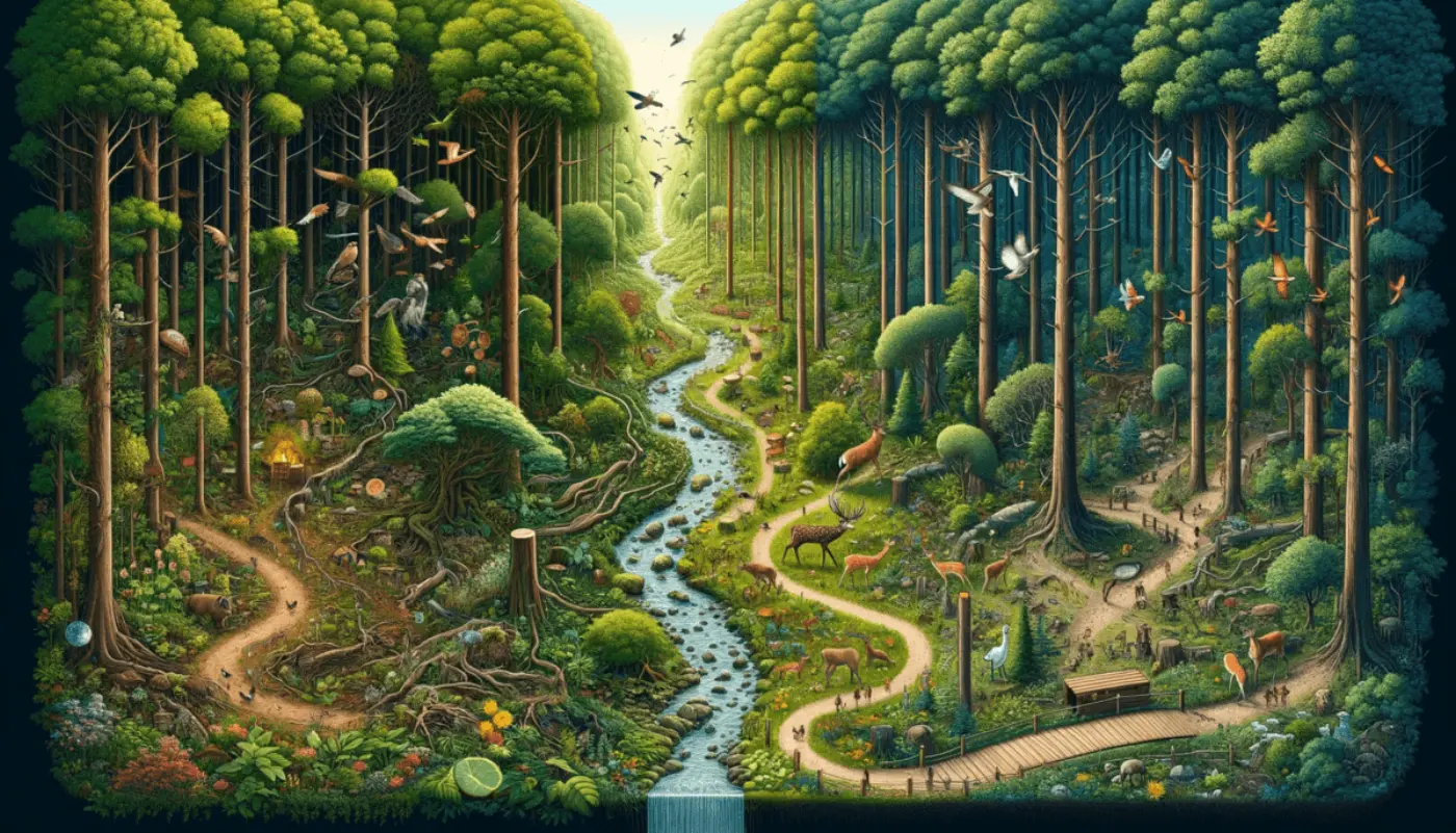 An image divided into two halves, each depicting the same forest but with different focuses. The left half illustrates the forest as a vibrant ecosystem, symbolizing the organisation, while the right half focuses on the physical layout of the forest, representing the structure. This image captures the idea of how an organisation maintains its essence despite changes in its structure. 